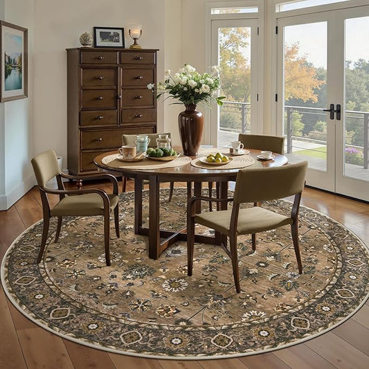 Tangsoo Vintage Round Rug 5ft, Washable Circle Rug, Non Slip Boho Round Area Rug, Low Pile Circular Rugs, Round Carpet for Bedroom,Livingroom,Nursery,Dorm,Office,Brown
