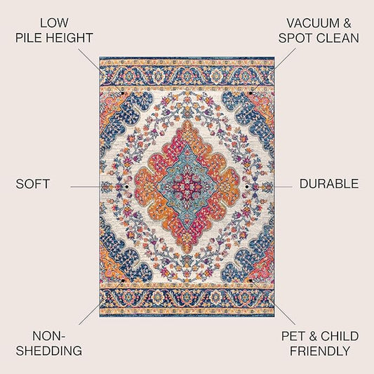 JONATHAN Y Boho Vintage Blue/Multi 3' Round Area Rug, Bohemian Flair Medallion, Floral Easy-Cleaning High Traffic for Living Room, Bedroom, Kitchen, Pet-Friendly, Non Shedding (BMF106A-3R)