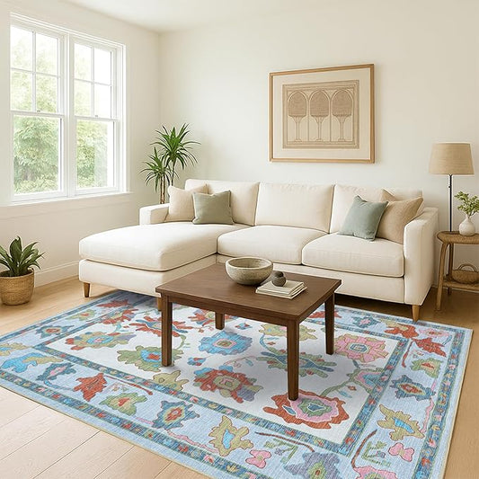 Fame Living Colorful Oushak Rug, Modern, Vintage, Turkish, Eclectic, Floral, Pastel, Washable, Oversized, Extra Large Area Rugs for Living Room, Dining, Bedroom, Lounge 9'5"x14'