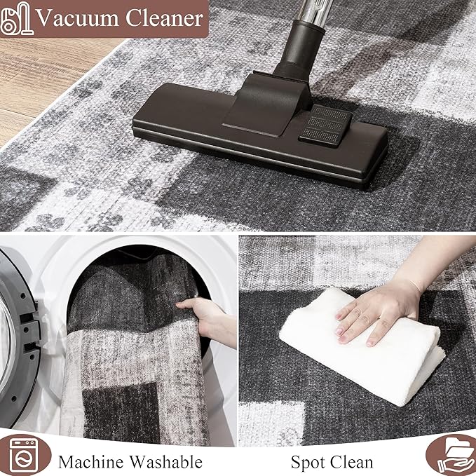 Modern Geometric Patchwork Indoor Area Rug for Living Room, Charcoal 5'x 7' Large Rug Rockwood Collection Hardwood Floors Decor for Bedroom, Grey Throw Carpet for Office Entryway Dining Room