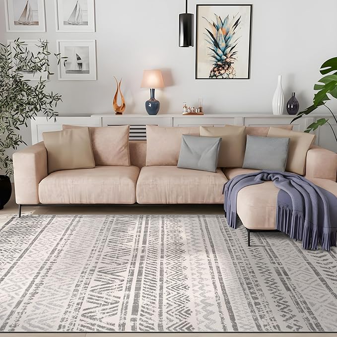 Rugshop Geometric Boho Large Area Rug – Gray Tribal Pattern, Perfect for Living Room, Bedroom, Dining Room, 9' x 12'