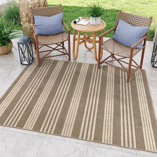 Lahome Striped Non Shed Easy Jute Rug, 5x7 Large Living Dining Room Rug Washable Outdoor Patio Rug, Farmhouse Neutral Non Slip Stain Resistance Indoor Outdoor Carpet for Sunroom Bedroom, Khaki