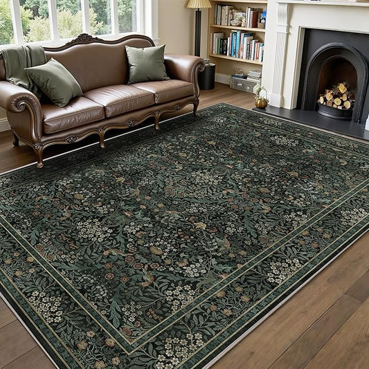 6x9 Floral Washable Area Rug for Living Room, Vintage Boho Large Rug for Bedroom Dining Room, Distressed Botanical Birds Non Slip Low Pile Forest Animal Throw Carpet for Farmhouse Office, Dark Green