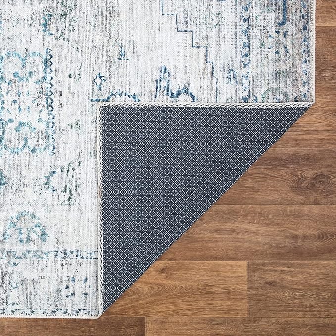 Bloom Rugs Washable Non-Slip 7 ft Runner - Teal/Beige Traditional Runner for Entryway, Hallway, Bathroom, and Kitchen - Exact Size: 2.5' x 7'