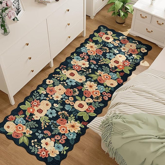 DUKINO 2x10 Runner Rug for Hallway, Washable Kitchen Rug with Non Slip Backing & Non-Shediing, Soft Low Pile Floral Design Runner for Bedroom, Kithchen, Living Room, Laundry, Bathroom, Navy Blue