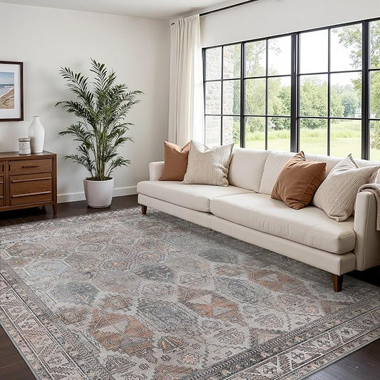 Bavni Washable Rug 3x5 Area Rug for Living Room Bedroom Dining, Washable Vintage Print Carpet, Ultra-Thin Chenille Low Pile Lightweight Rug with Non Slip Backing, Retro Grey