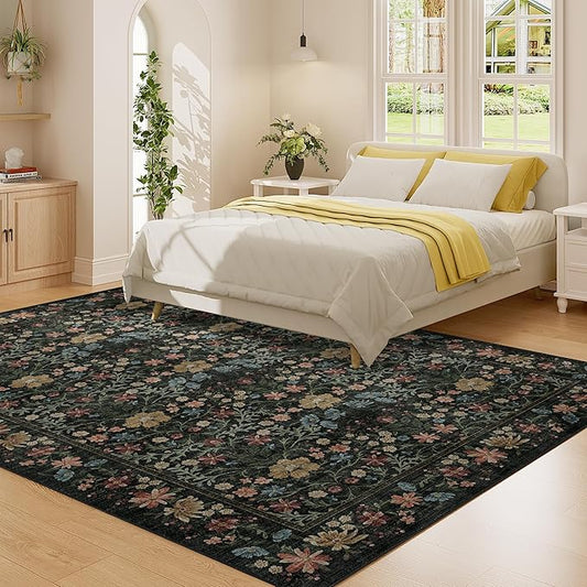 DUKINO 6x9 Rugs for Living Room, Vintage Washable Rug with Non Slip Backing, Floral Low Pile & Non-Shedding Large Area Carpets for Bedroom, Dining Room, Farmhouse, Home Office, Black