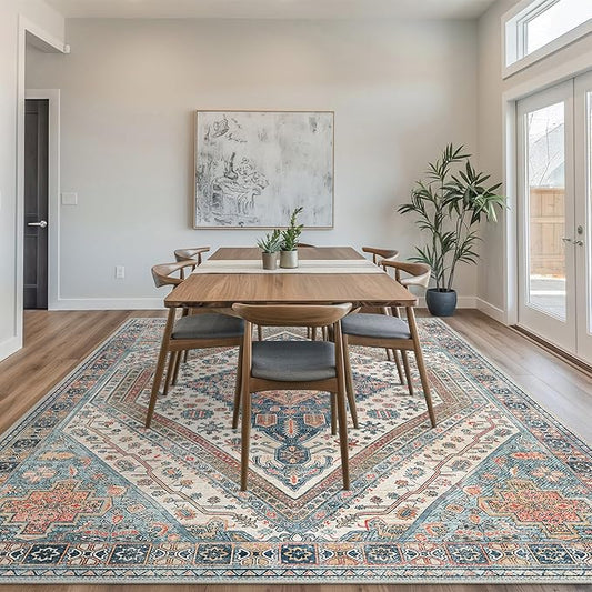 Bavni Washable Rug 8x10 Area Rug for Living Room Bedroom Dining, Washable Vintage Print Carpet, Ultra-Thin Chenille Low Pile Lightweight Rug with Non Slip Backing, Blue/Orange
