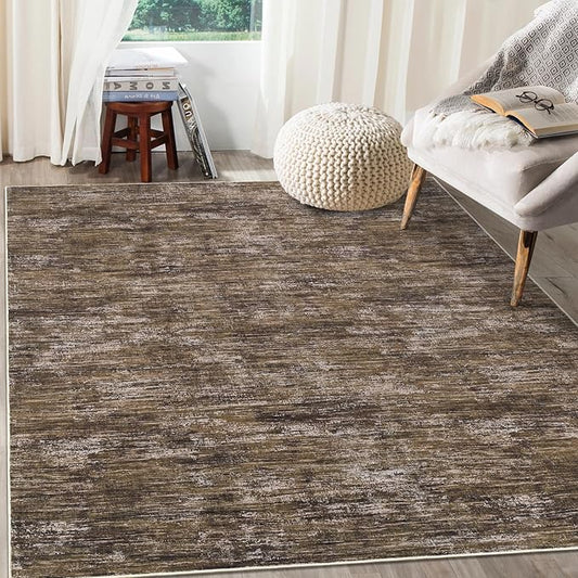 RUGSREAL Bedroom Area Rug 4x6 Modern Abstract Area Rug Stain Resistant Small Living Room Rug Contemporary Dining Room Rug Non-Slip Solid Rug Aesthetic Accent Floor Carpet for Kitchen Office, Brown