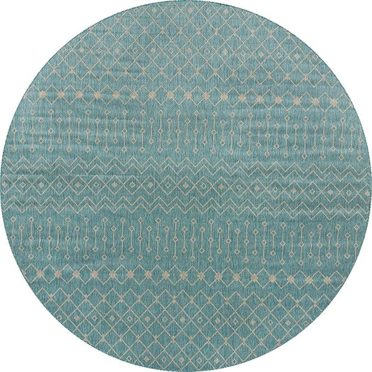 Unique Loom Outdoor Trellis Collection Area Rug - Tribal Trellis (13' Round, Aqua/ Ivory)
