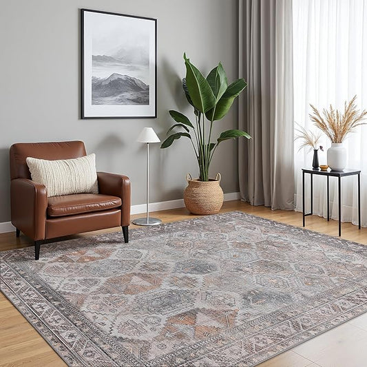 Bavni Washable Rug 5x7 Area Rug for Living Room Bedroom Dining, Washable Vintage Print Carpet, Ultra-Thin Chenille Low Pile Lightweight Rug with Non Slip Backing, Retro Grey