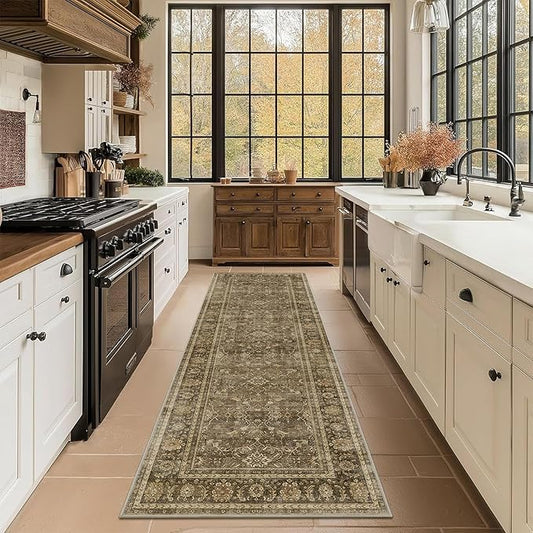 2.6x8 Runner Rug for Hallways Vintage Distressed Non Slip Long Carpet Floral Boho Distress Print Pattern Mat Lightweight Retro Accent Throw Carpet for Kitchen Bedroom Bedside Laundry Room-Brown 