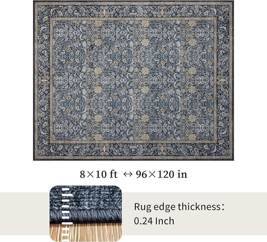 Washable Living Room Rug: 8x10 Boho Floral Soft Area Rug for Bedroom Decor - Vintage Low Pile Thin Carpet for Dining Room Non-Slip - Farmhouse Stain Resistant Rugs - Slate Blue