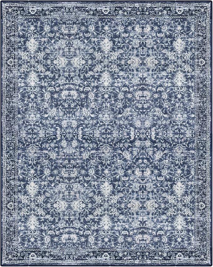 KILOCOCO Area Rug 8x10 Living Room Rug Washable Printed Vintage Floral Non Slip Soft Rubber Backed Indoor Bedroom Rugs for Laundry Room Kitchen Playroom Moroccan Area Rugs, Blue