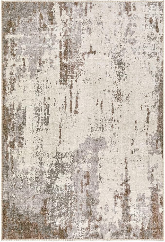 2x3 Entryway Area Rug: Washable Neutral Modern Abstract Small Rug - Non-Slip Low Pile Throw Indoor Carpet for Entrance Kitchen Front Door Mat Bathroom Entry Kids Room - Brown/Grey/Beige