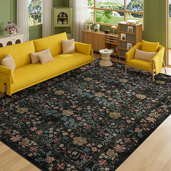 DUKINO 6x9 Rugs for Living Room, Vintage Washable Rug with Non Slip Backing, Floral Low Pile & Non-Shedding Large Area Carpets for Bedroom, Dining Room, Farmhouse, Home Office, Black