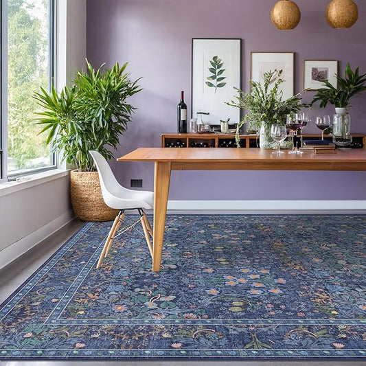 Washable Dark Blue Rug for Living Room - 10x14 Large Area Rug for Dining Room Under Table, Bedroom, Soft Low Pile Non-Slip Stain Resistant Carpet - Vintage Navy Floral Design