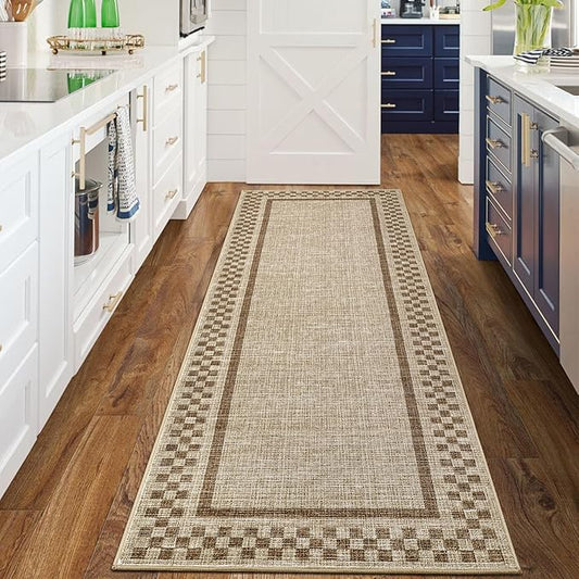 Rug Runners for Hallways 2x8 Washable Kitchen Runner Rug Non Slip Low Pile Bedside Throw Carpet Modern Bordered Bathroom Runners Checkered Area Rug for Living Room Bedroom Entryway Nursery, Taupe