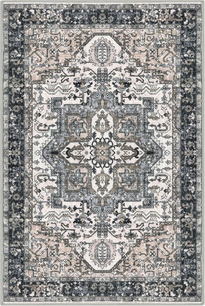 KOZYFLY Boho Area Rug 5x7 Ft Thin Washable Rugs for Living Room Faux Wool Throw Carpet Printed Non Slip Rug for Entryway Bedroom Dining Room Living Space, Black/Taupe/Beige