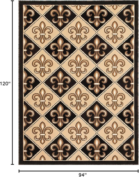 Allstar 8x10 Black Modern Rectangular Accent Rug with Ivory and Mocha Floral Fleur De Lis Diamond Design (8' x 10')