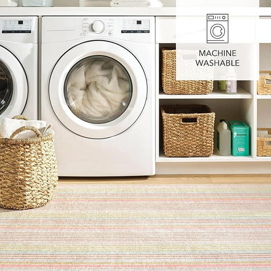 Dash and Albert Ana Ticking Machine Washable Area Rug - 2' x 3' Aqua Stripe Washable Accent Rug - Durable, High Traffic Area Kitchen, Hallway, Bedroom
