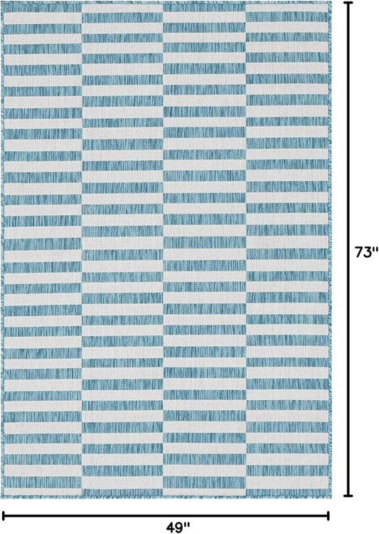 Unique Loom Outdoor Striped Collection Area Rug - Striped (4' 1" x 6' 1" Rectangle, Light Aqua/Ivory)