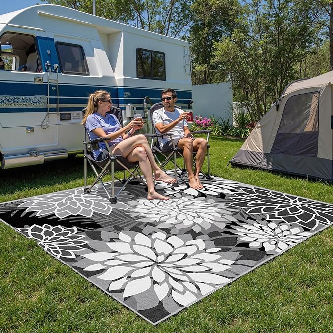 6x9 Outdoor Area Rug Washable Multicolored Patio Rug Tropical Botanical Floral Chenille Waterproof Outdoor Carpet Non-Slip for Patio, Deck, Backyard, Porch, Black