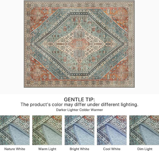 Bavni Washable Rug 8x10 Area Rug for Living Room Bedroom Dining, Washable Vintage Print Carpet, Ultra-Thin Chenille Low Pile Lightweight Rug with Non Slip Backing, Light Red/Blue