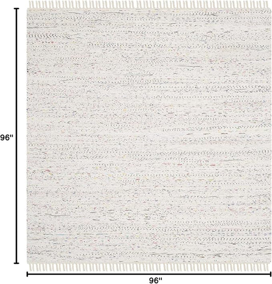 SAFAVIEH Rag Rug Collection Area Rug - 8' Square, Ivory & Multi, Handmade Boho Stripe Cotton, Ideal for High Traffic Areas in Living Room, Bedroom (RAR121G)