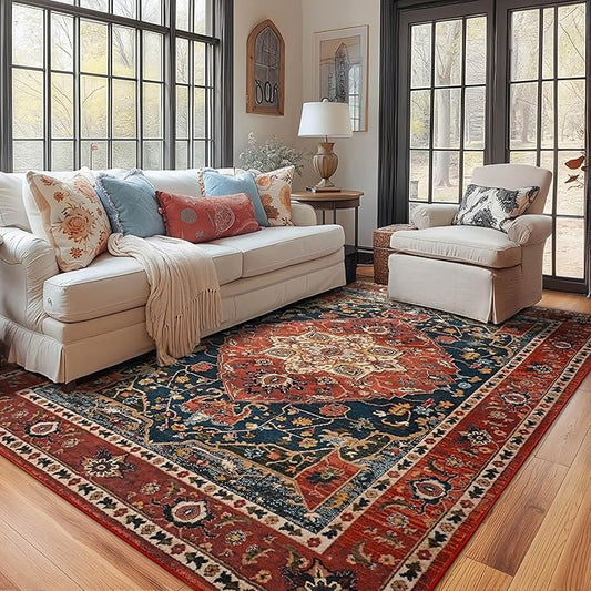 YJ.GWL Area Rugs for Living Room 10x14 Machine Washable Rugs, Non Slip Floral Vintage Rug Indoor Carpet, Stain Resistant Large Rug for Bedroom Dining Room, Orange-Red