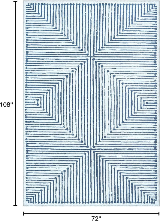 Bloom Rugs Washable Non-Slip 6' x 9' Rug - Blue/Ivory Striped Area Rug for Living Room, Bedroom, Dining Room, and Kitchen - Exact Size: 6' x 9'