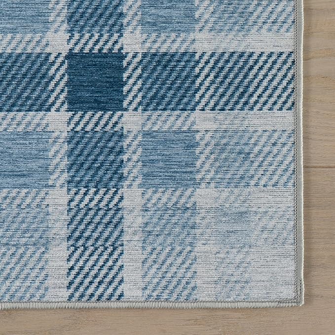 Dash & Albert Andri Plaid Blue Machine Washable Rug, 3 X 5 Feet, Blue/White Plaid Pattern