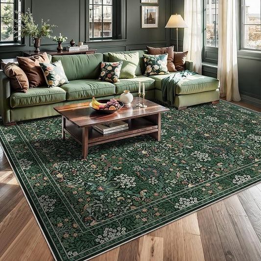8x10 Floral Washable Area Rugs for Living Room, Vintage Boho Large Rug for Bedroom Dining Room, Distressed Botanical Birds Non Slip Low Pile Animal Throw Carpet for Farmhouse Office, Bright Green