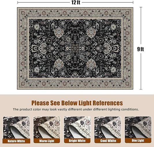 9x12 Rugs for Bedroom, Vintage Washable Rugs Non Slip Large Area Rug for Living Room Dining Room Office, Floor Decoration Big Rug Carpet Low-Pile Kid & Pet Friendly(Blcak Navy Multi