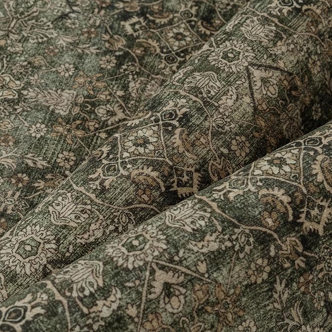 6x9 Area Rug for Living Room Green Brown Vintage Washable Bedroom Carpet Traditional Distressed Soft Non Slip Indoor Large Accent Rug Retro Thin Low Pile Floor Cover for Dining Room Playroom