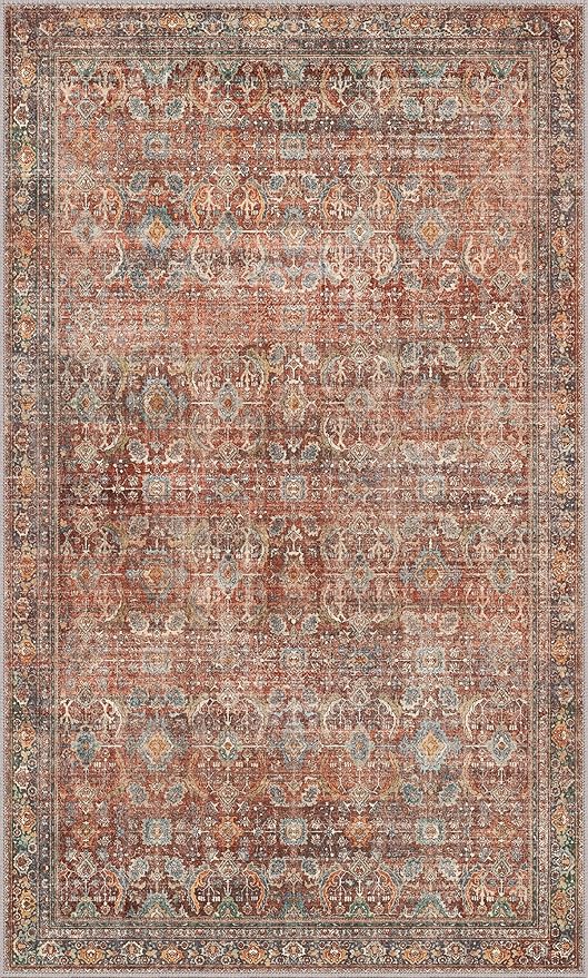 3x5 Area Rug Machine Washable Boho Rug for Living Room,Ultra-Thin Low Pile Carpet,Lightweight Indoor Printed Rug,Non Slip Floral Area Rug for Bedroom, Dining Room, Home Office,Terracotta/Indigo