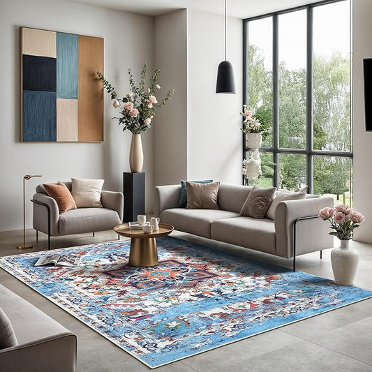 GLN Rugs Traditional Collection - Machine Washable Area Rug, Traditional Washable, Non Slip, Low Pile Chenille Rug, Living Room, Bedroom, Kitchen Rug (6' x 9' Blue/Multicolor)