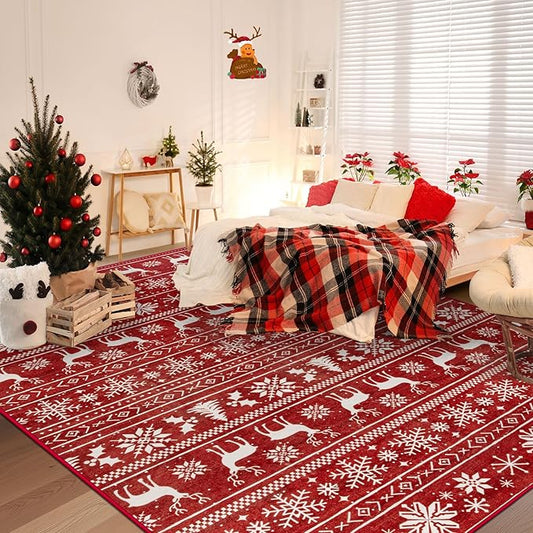 Christmas Rug 8x10 Washable Rugs, Boho Christmas Tree Snowflake Rug Non-Slip Soft Low Pile Non Shedding Indoor Holiday Decor Carpet for Living Room Bedroom Dining Room Home Office (Xmas Red, 8'x10')