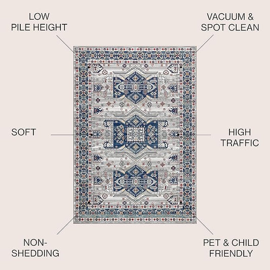 JONATHAN Y Modern Vintage Medallion Blue/Light Grey Indoor Area Rug, 4x6, Country, Floral, Easy-Cleaning for Living Room, Bedroom, Kitchen, Pet Friendly, Non-Shedding (MDP108A-4)