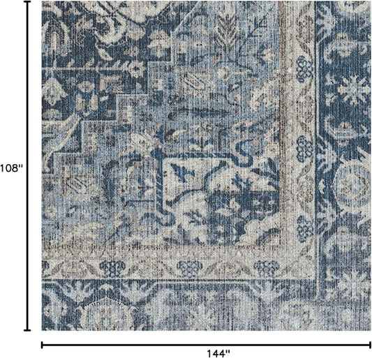 RUGGABLE Washable Vintage Area Rug – Kamran Admiral Blue 9x12, Stain-Resistant, Non-Slip – Large Machine Washable Rugs for Living Room, Bedroom, Hallway, Entryway & Office–with Standard Pad