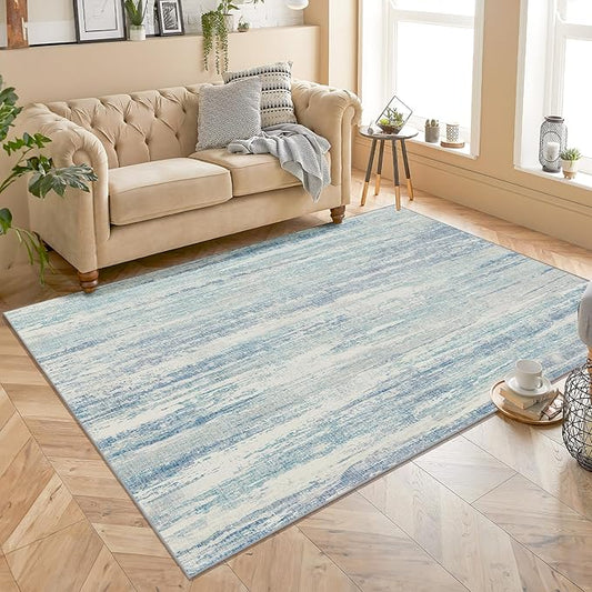 MUJOO Washable Rug 4x6.5,Small Area Rugs for Bedroom Living Room Office Playroom,Modern Abstract Non Slip Carpet,Indoor Throw Carpet,Low Pile Accent Neutral Blue