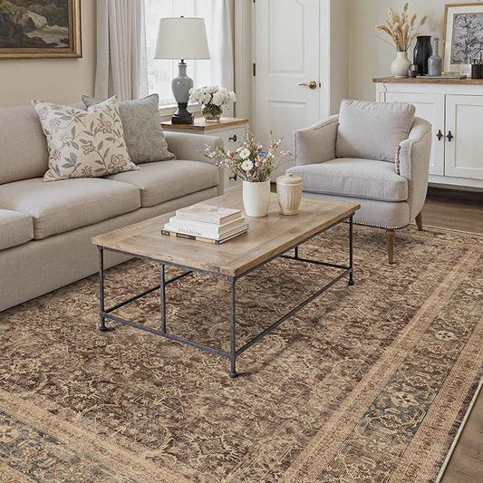 HUGEAR 5x7 Area Rug Brown Washable Bedroom Rug Vintage Neutral Soft Non Slip Distressed Carpet Low Pile Pet Friendly for Living Room Bedside Dining Room
