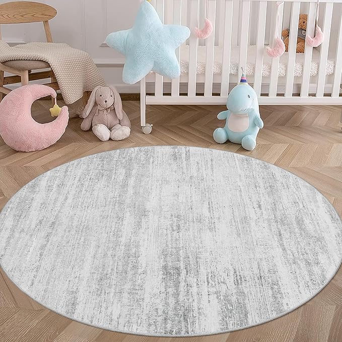 MUJOO Round Rug 4ft,Small Cicle Area Rug Washable,Circular Rugs for Entryway Bedroom Kitchen,Modern Abstract Non Slip Throw Carpet Accent Neutral Grey