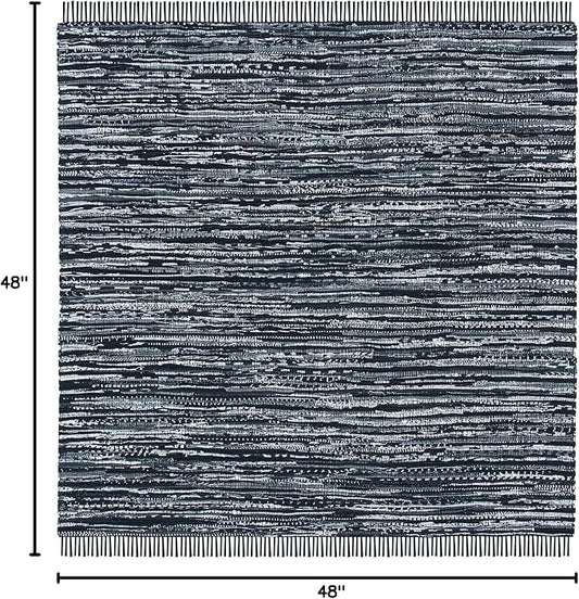 SAFAVIEH Rag Rug, Collection Area Rug - 4' Square, Black, Handmade Boho Stripe Cotton, Ideal for High Traffic Areas in Living Room, Bedroom (RAR121Z)