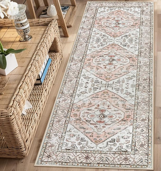 Lahome Boho Washable Non-Slip Pink Rug - Ultra-Thin Non-Shedding Bedroom Bathroom Carpet Runner for Hallway Entryway (Pink, 2'x6')