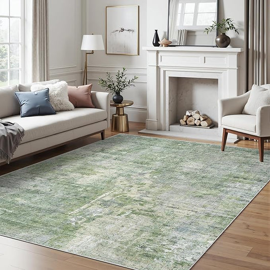 Abstract Rug 5x7 Machine Washable Area Indoor Green Low Pile Non-Slip Foldable Thin Accent Rugs for Bedroom Living Room Dining Room