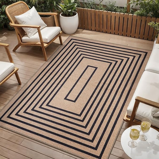 Tangsoo Easy Jute Area Rug 4x6 Washable Rug for Indoor Outdoor Patio,Non-Slip Black Geometric Indoor Outdoor Carpet,Boho Farmhouse Throw Mat for Front Porch Bedroom Living Room Foyer Balcony
