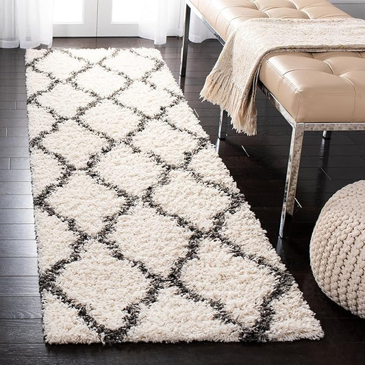SAFAVIEH Dallas Shag Collection Runner Rug - 2'3" x 12', Ivory & Dark Grey, Trellis Design, Non-Shedding & Easy Care, 1.5-inch Thick Ideal for High Traffic Areas in Living Room, Bedroom (SGD257H)