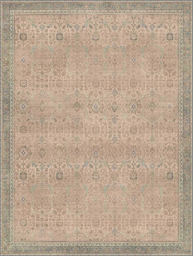 9x12 Area Rug Machine Washable Boho Rug for Living Room,Ultra-Thin Low Pile Carpet,Lightweight Indoor Printed Rug,Non Slip Floral Area Rug for Bedroom, Dining Room, Home Office,Light Beige