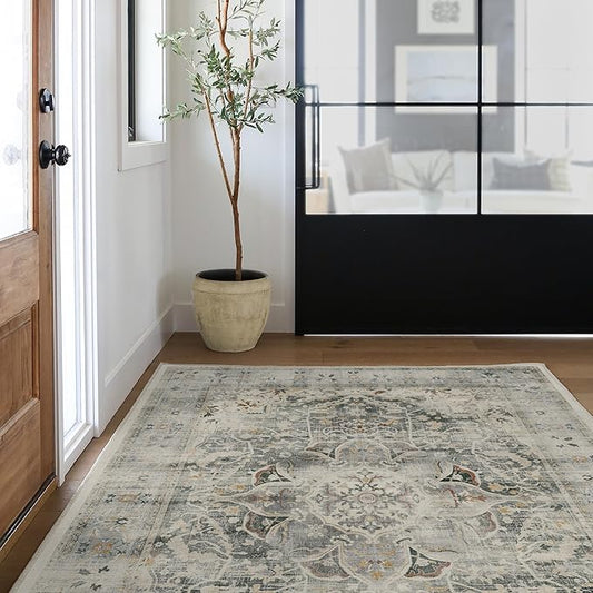 RUGGABLE Washable Vintage Area Rug – Sarrah Sage 5x7, Stain-Resistant, Non-Slip – Medium Machine Washable Rugs for Living Room, Bedroom, Hallway, Entryway & Office–with Standard Pad